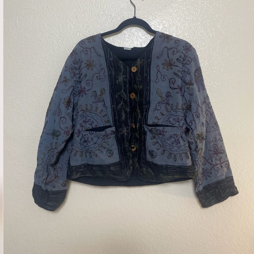 Embroidered Elephant Bird Stitched Jacket India Hipster Hippie Art Chic Sweater